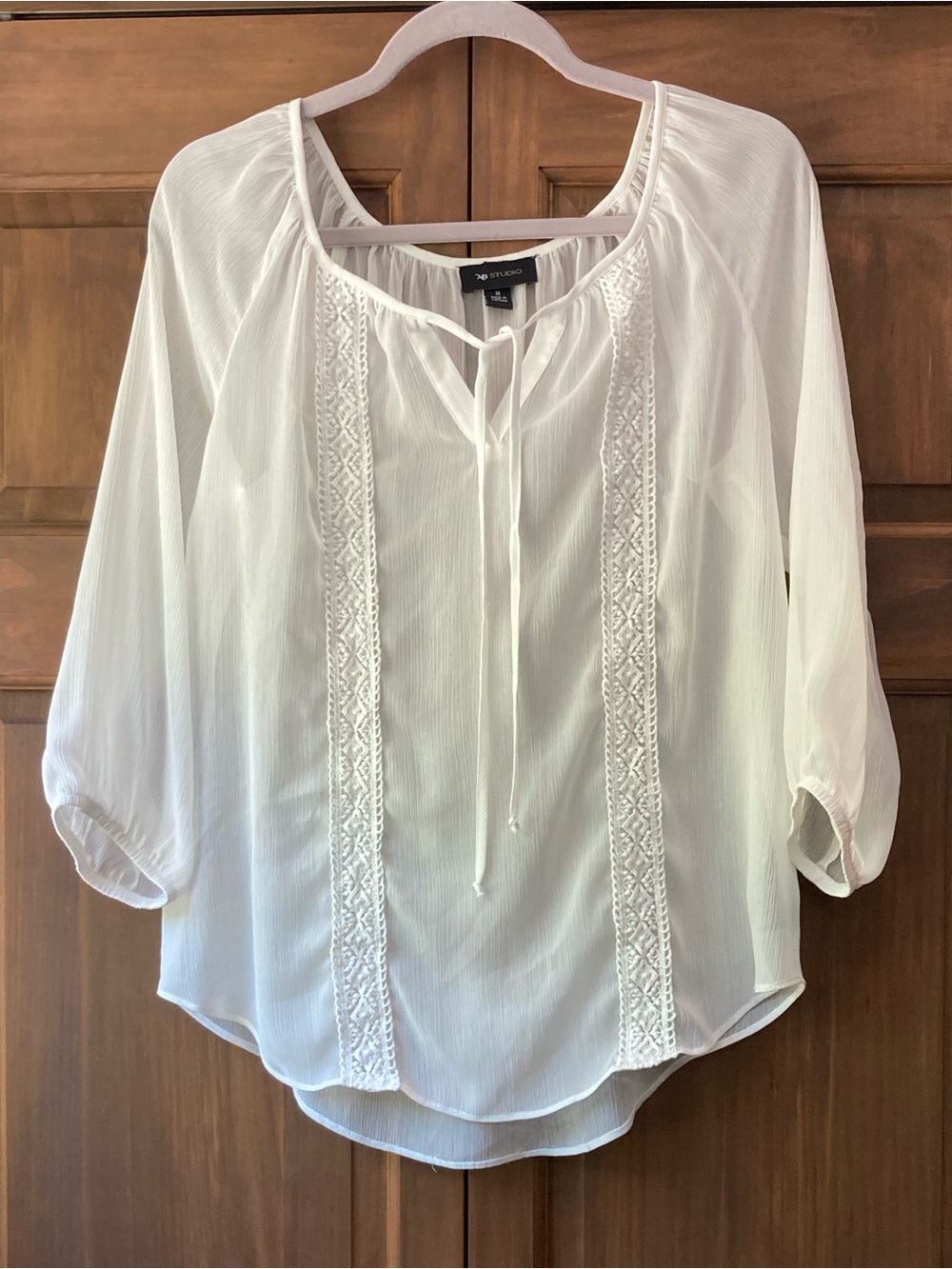 AB Studio Sheer White Crinkle-Texture 3/4 Sleeve Top Medium